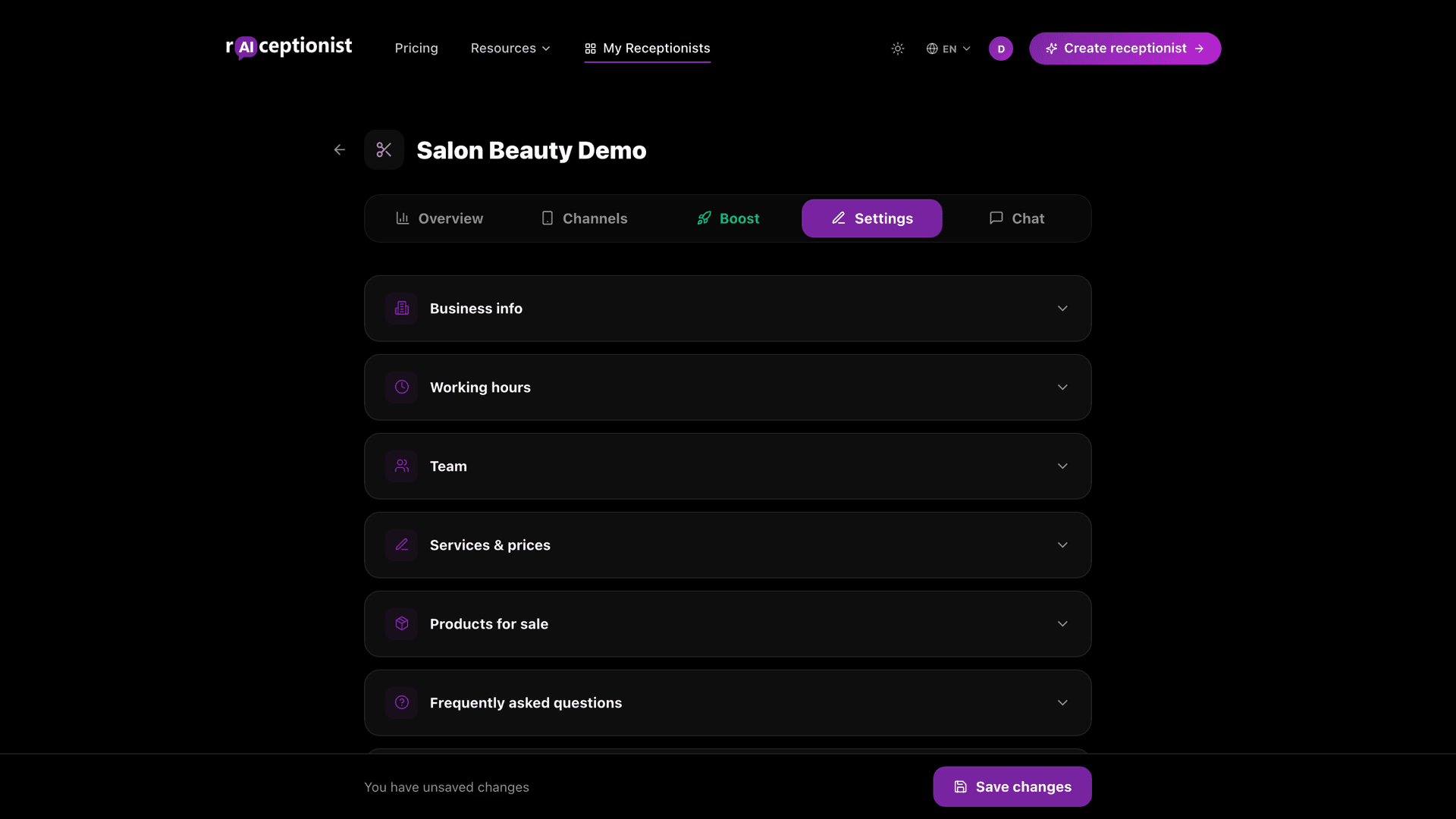Settings tab with all sections