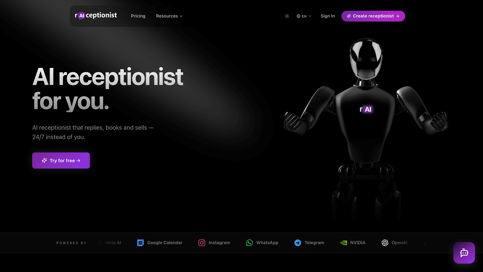 Hero with 3D robot and a single CTA button